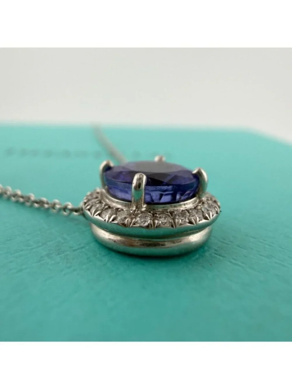 Tiffany & Co. Tanzanite Diamond Halo Solstice Necklace Platinum 16.25in
